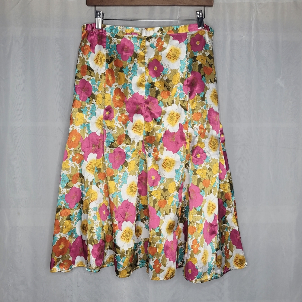 Cottagecore Satin Floral Skirt Size Medium Colorful Coquette Pleated Flowy